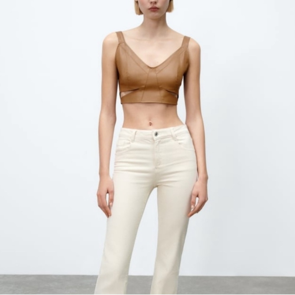 Zara Faux Leather Cut Out Crop Top Brown Size M NWT Going Out Top